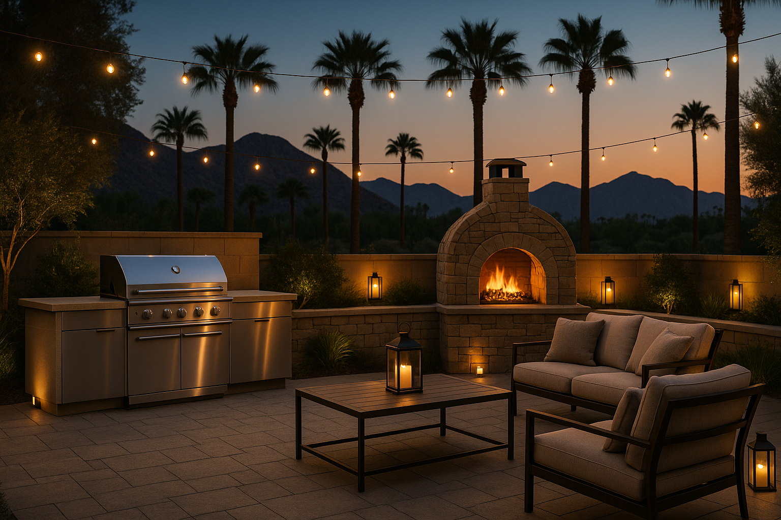 An elegant, modern outdoor space at dusk featuring a luxurious grilling station, artisan pizza oven, and ambient lighting. The setting includes stylish patio furniture, soft golden lighting, and a scenic backdrop of palm trees and desert hills. Sophisticated, warm, and inviting—designed for upscale outdoor entertaining.